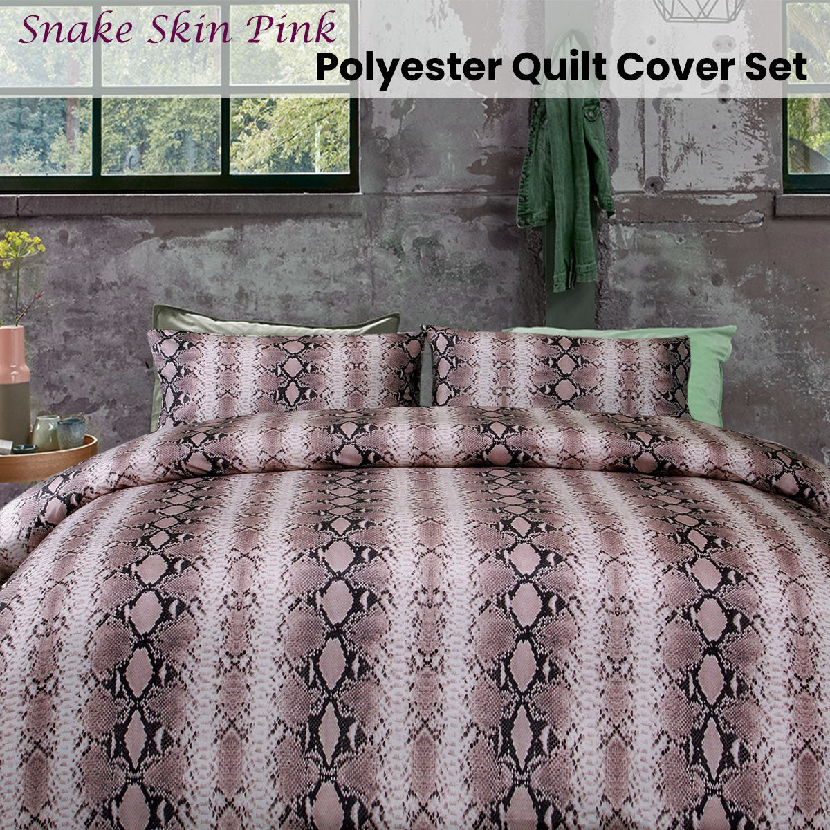 Big Sleep Snake Skin Pink Quilt Cover Set featuring floral print design, soft microfiber fabric, and includes quilt cover and pillowcases.