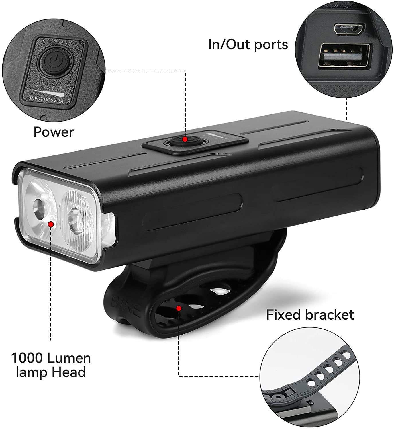 Bike 360 Light Front USB Rechargeable with 1000 lumens, showcasing its sleek design and features.