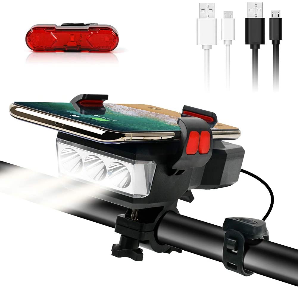 Bike LED Light 550LM featuring front and back lights, USB rechargeable, with a 4000mAh power bank and IPX4 waterproof rating.