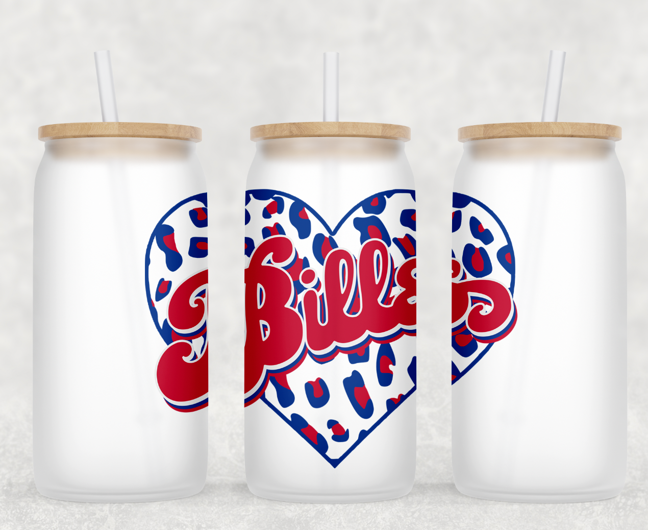 Bills Leopard Heart Glass Can Tumbler with bamboo lid and clear straw, featuring a stylish leopard heart design on frosted glass.