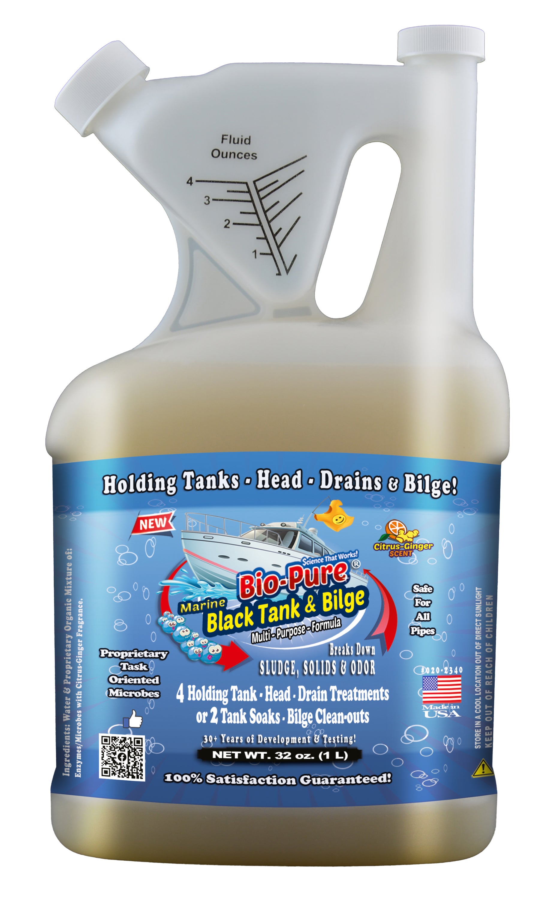 Bio-Pure Boat Marine Septic Tank 32 oz. bottle with citrus ginger scent, designed for odor elimination and waste digestion.