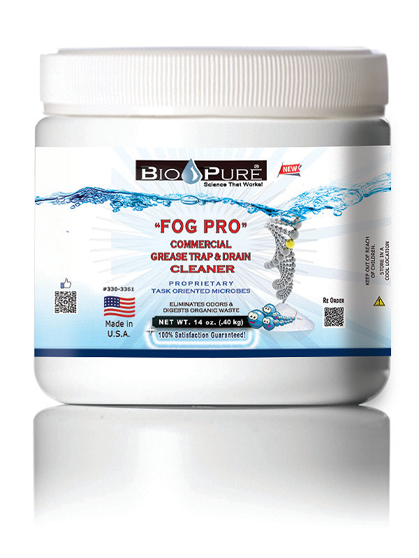 Bio-Pure FOG PRO 64 oz. commercial grease trap cleaner bottle with a label showcasing its microbial power and usage instructions.