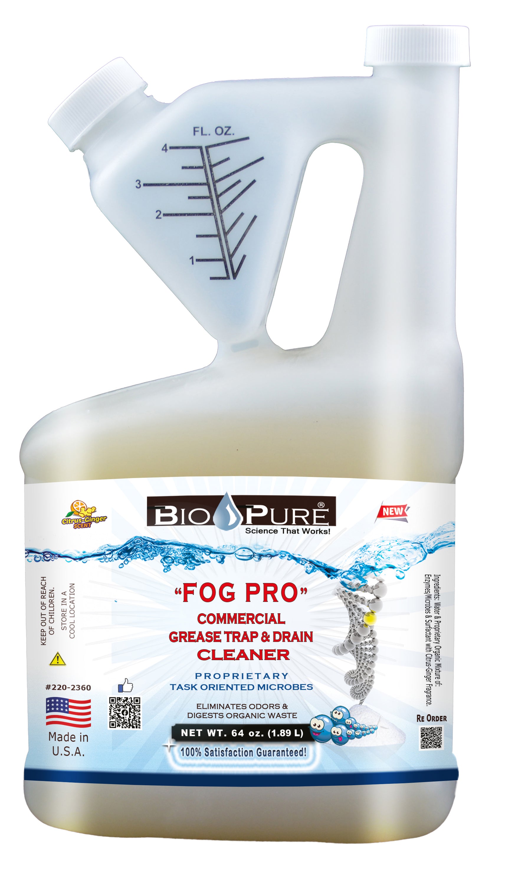 Bio-Pure FOG PRO 64 oz. commercial grease trap cleaner bottle with a blue label, designed for heavy-duty use in restaurants and commercial kitchens.