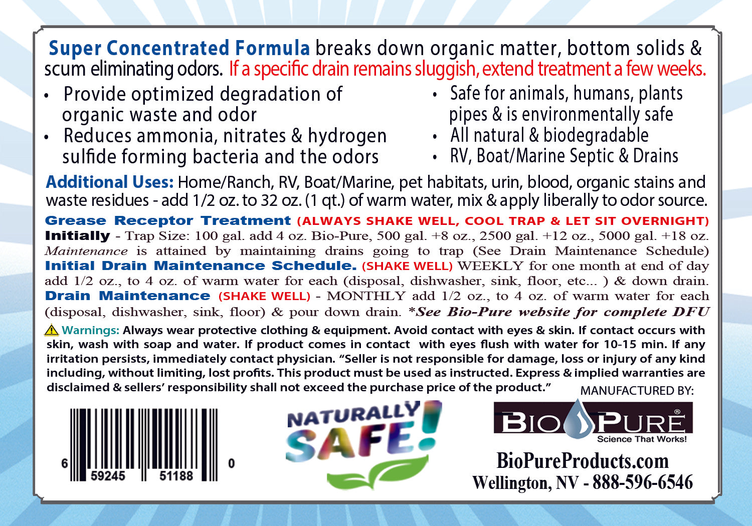 Bio-Pure FOG PRO 64 oz. commercial grease trap cleaner bottle with a blue label, designed for heavy-duty use in restaurants and commercial kitchens.