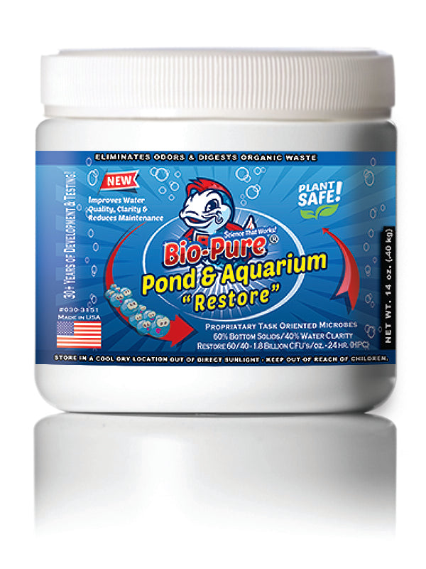 Bio-Pure Pond & Aquarium RESTORE 14 oz. bottle designed for improving water clarity and quality in aquariums and ponds.