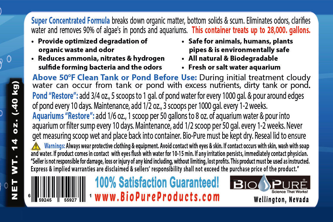 Bio-Pure Pond & Aquarium RESTORE 14 oz. bottle designed for improving water clarity and quality in aquariums and ponds.