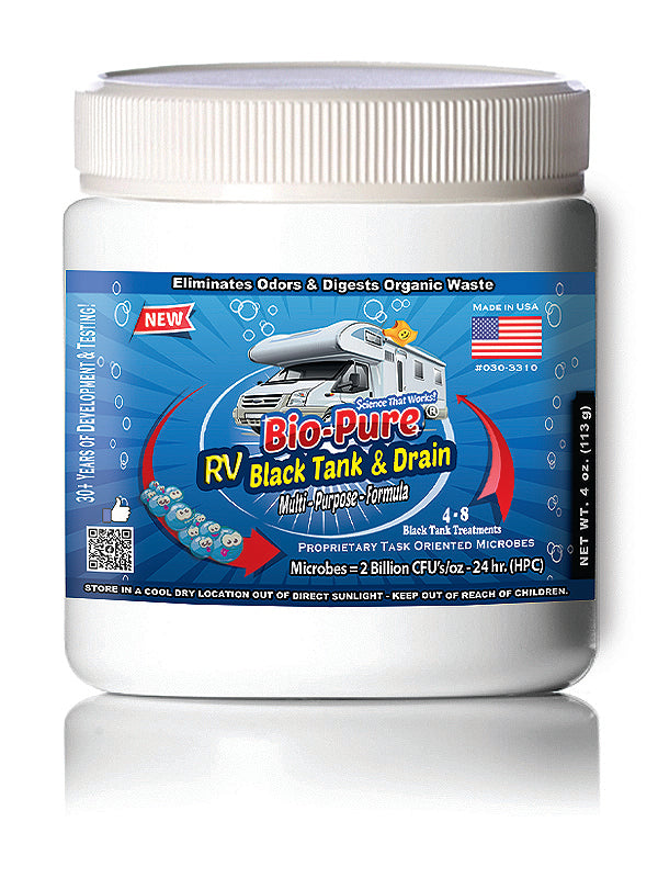 Bio-Pure RV Black Tank Concentrate bottle with citrus ginger scent, designed for waste breakdown and odor elimination.