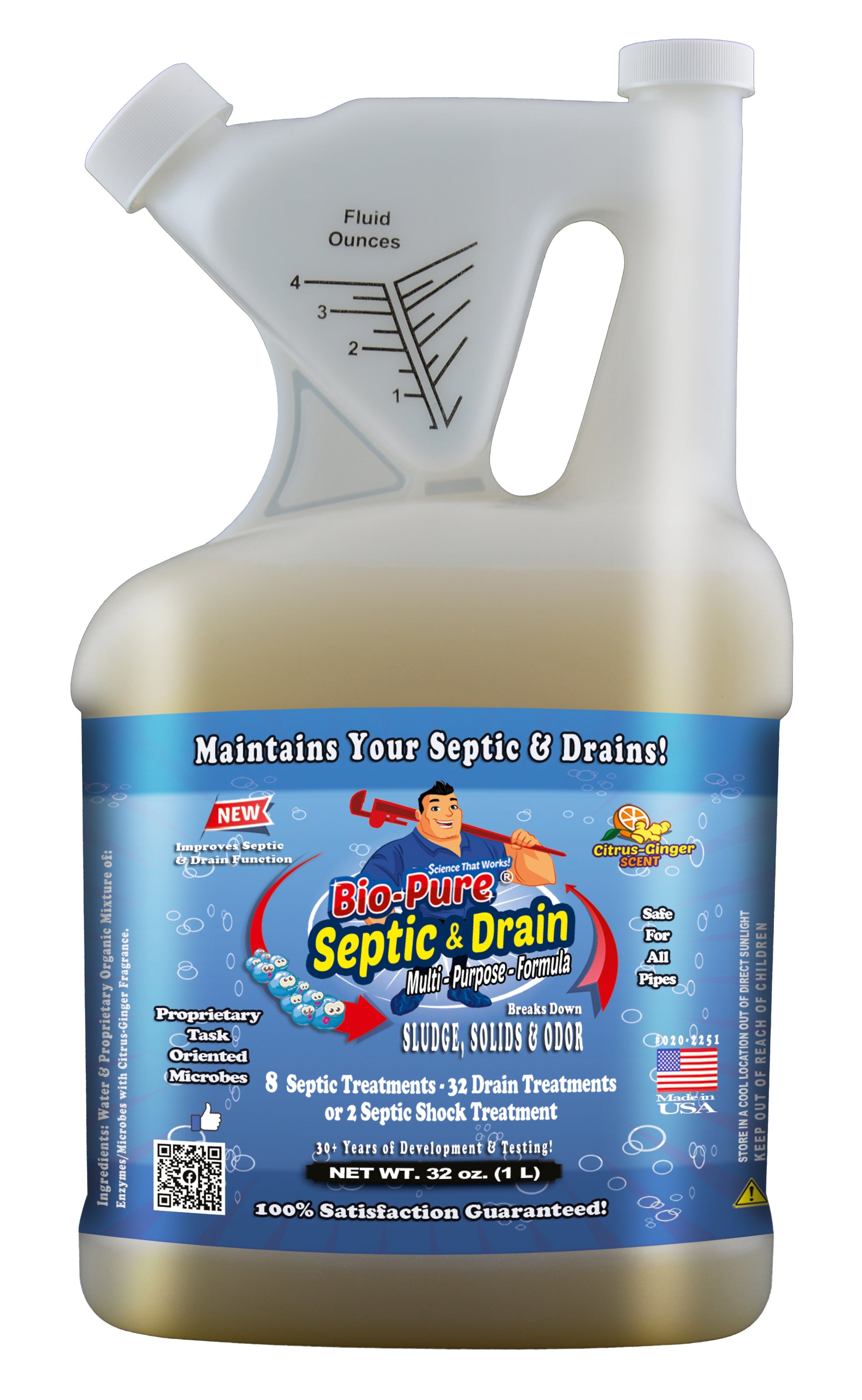 Bio-Pure Septic & Drain Concentrate 32 oz. bottle with citrus ginger scent, designed for waste breakdown and odor elimination.