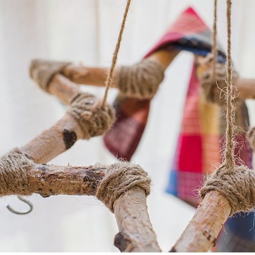 Birch Wood Craft Decorative Wind Chime Hanger with hemp rope, showcasing its natural khaki color and handcrafted design.
