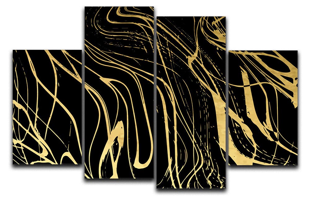Black and gold swirled abstract art displayed in a 4-panel canvas arrangement, showcasing dynamic design and modern elegance.