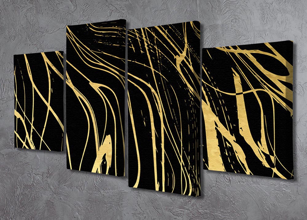 Black and gold swirled abstract art displayed in a 4-panel canvas arrangement, showcasing dynamic design and modern elegance.