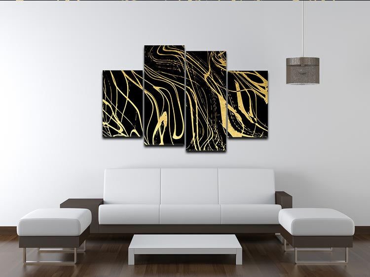 Black and gold swirled abstract art displayed in a 4-panel canvas arrangement, showcasing dynamic design and modern elegance.