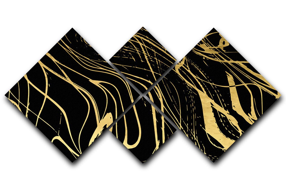 A stylish black and gold swirled abstract artwork divided into four square panels, showcasing modern design.