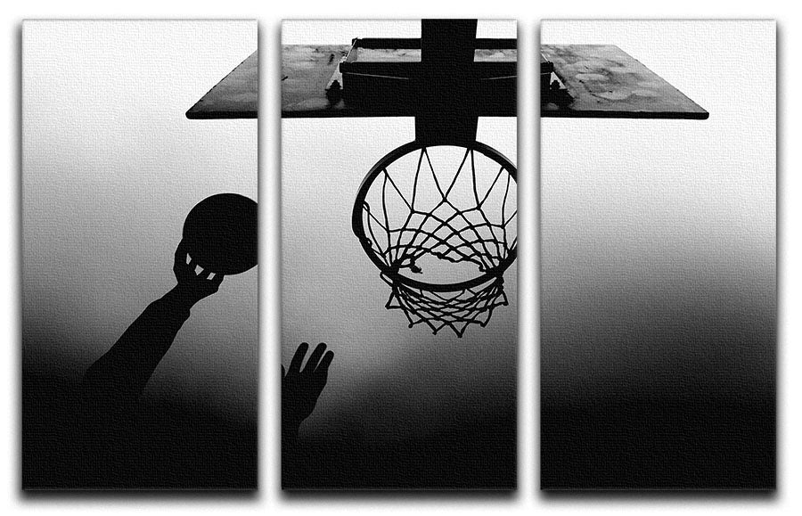 Black and white canvas print featuring a basketball hoop, displayed in three split panels, enhancing modern decor.