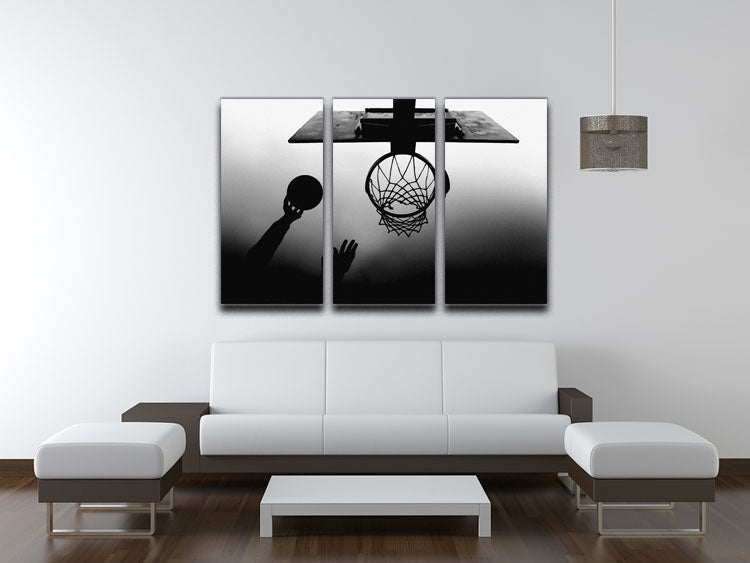 Black and white canvas print featuring a basketball hoop, displayed in three split panels, enhancing modern decor.
