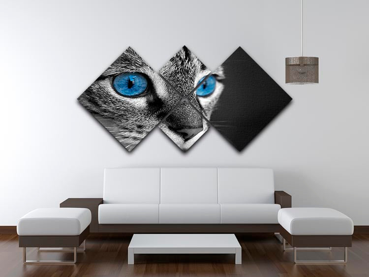Close-up of a black and white cat with striking deep blue eyes, displayed in a 4-square canvas format.