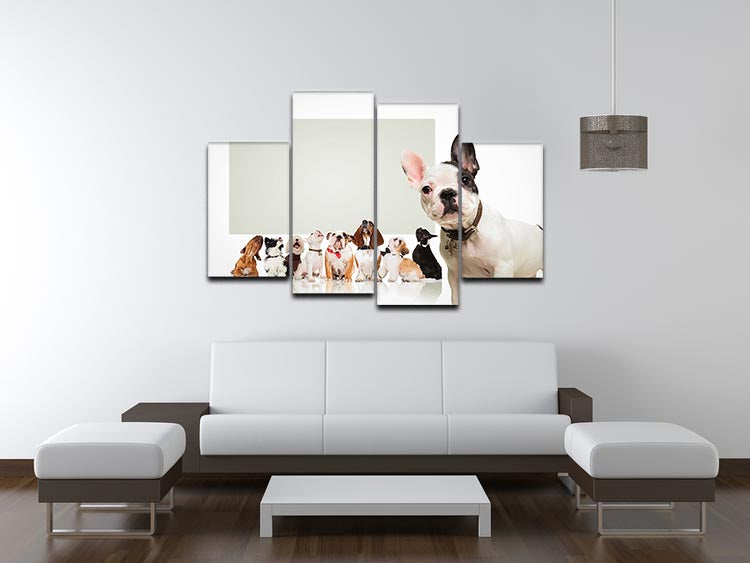 A charming black and white canvas artwork featuring a French Bulldog puppy, divided into four panels for a dynamic display.