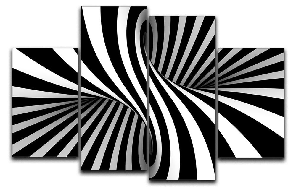 A modern black and white optical illusion artwork divided into four panels, creating a dynamic visual effect when hung together.