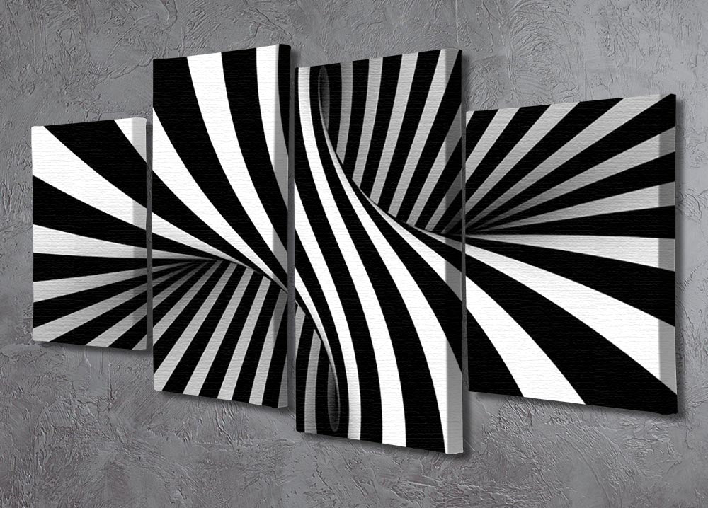A modern black and white optical illusion artwork divided into four panels, creating a dynamic visual effect when hung together.