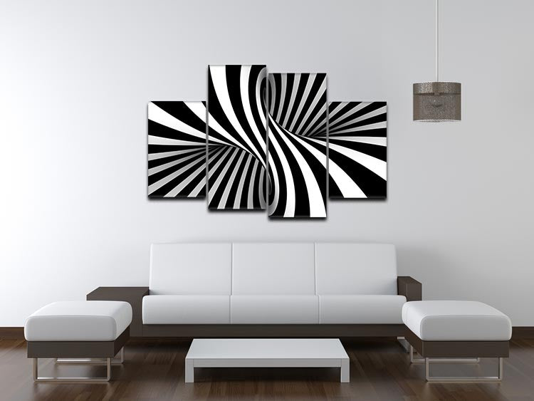 A modern black and white optical illusion artwork divided into four panels, creating a dynamic visual effect when hung together.