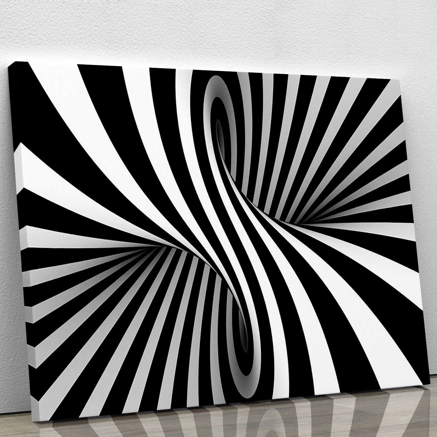 Black and white optical illusion canvas print showcasing intricate patterns and designs, perfect for modern home decor.