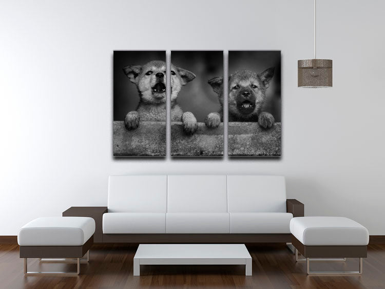 Three-panel canvas print featuring adorable black and white puppies, perfect for home decor.