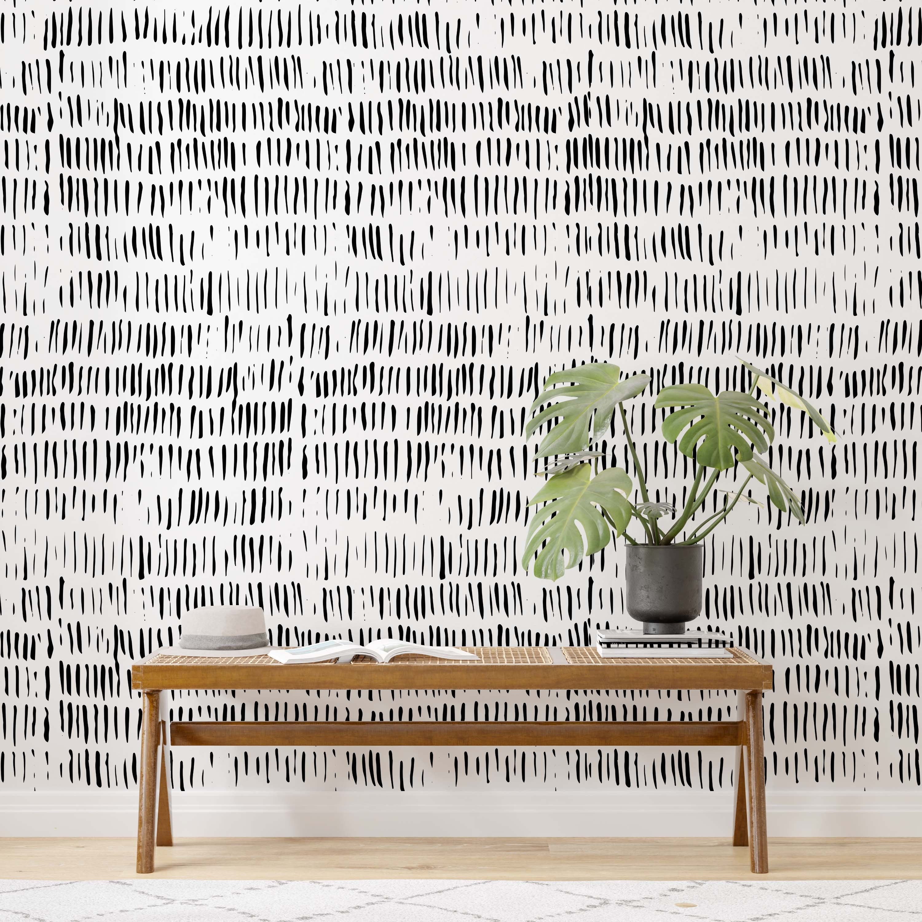 Black and white strokes wallpaper featuring a retro abstract pattern, perfect for 90s aesthetic decor.