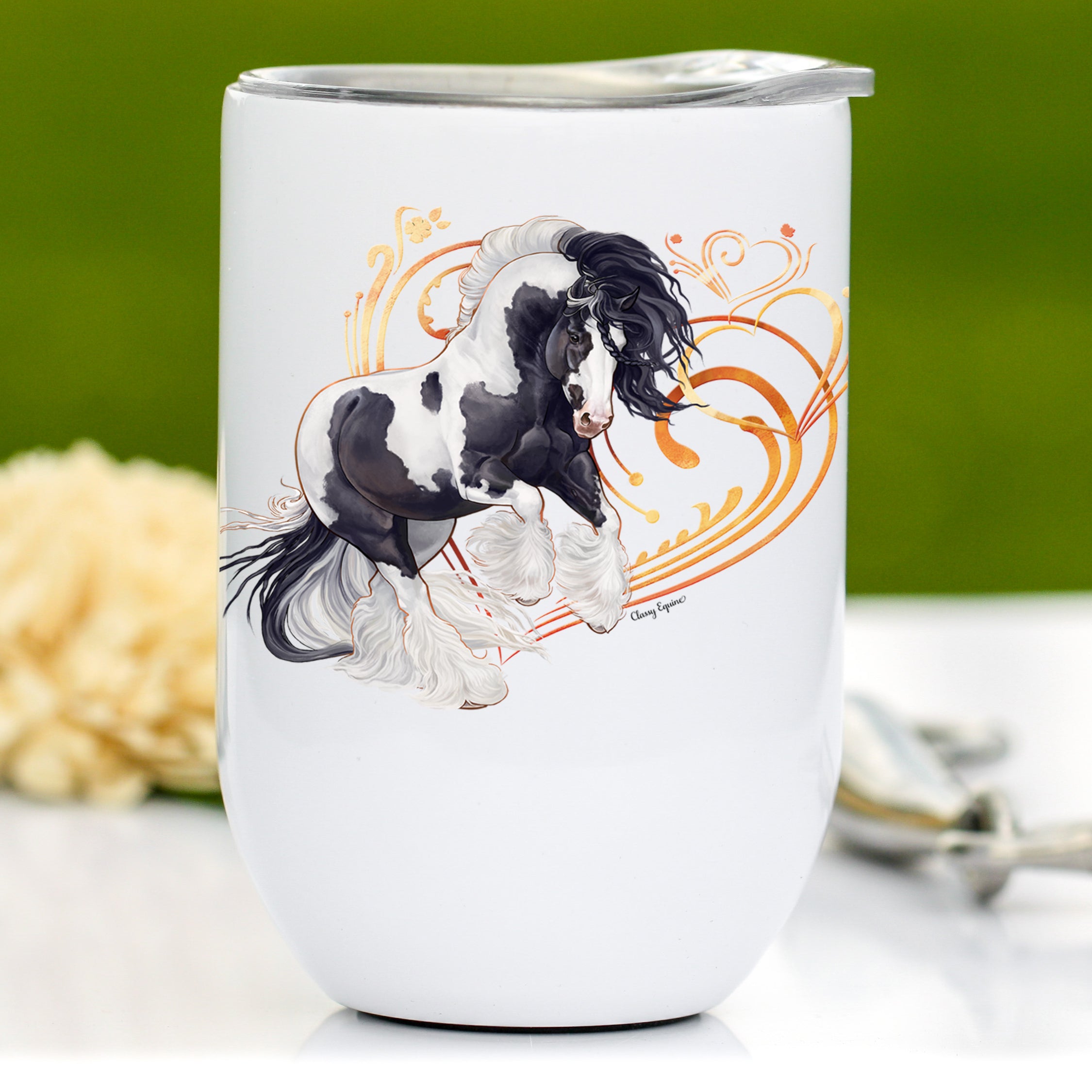 Black and white insulated wine tumbler featuring a Tobiano Gypsy Vanner horse design, perfect for horse lovers.