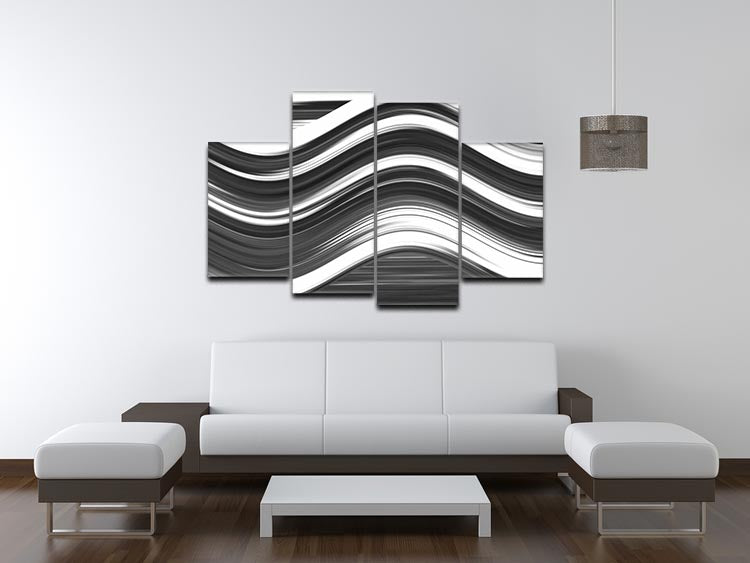 A stunning Black and White Wave 4 Split Panel Canvas artwork featuring a dynamic wave design across four panels.