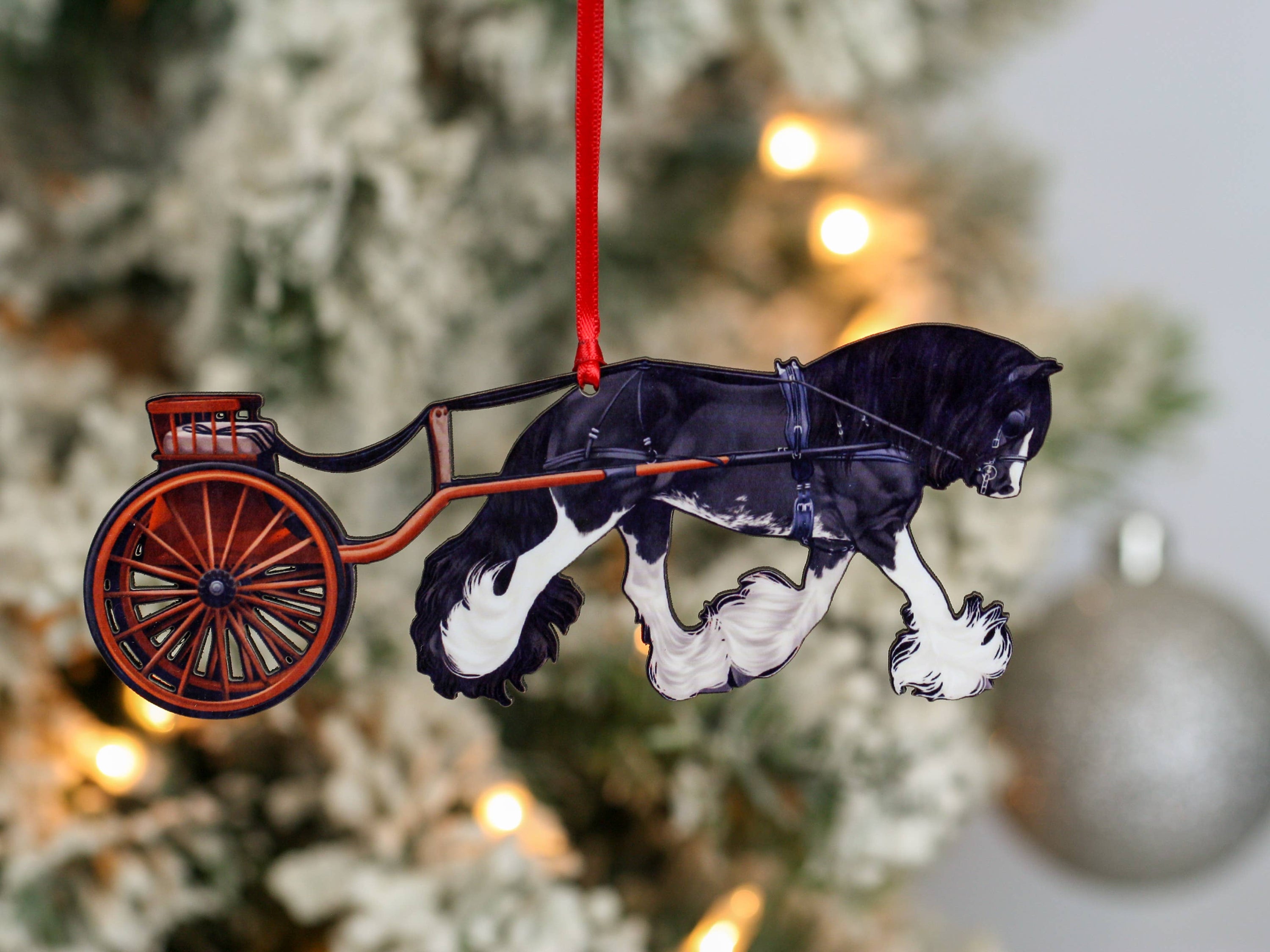Black Blagdon Gypsy Cob Driving Horse Carriage Ornament, handmade from composite wood, featuring a glossy finish and intricate laser-cut details.