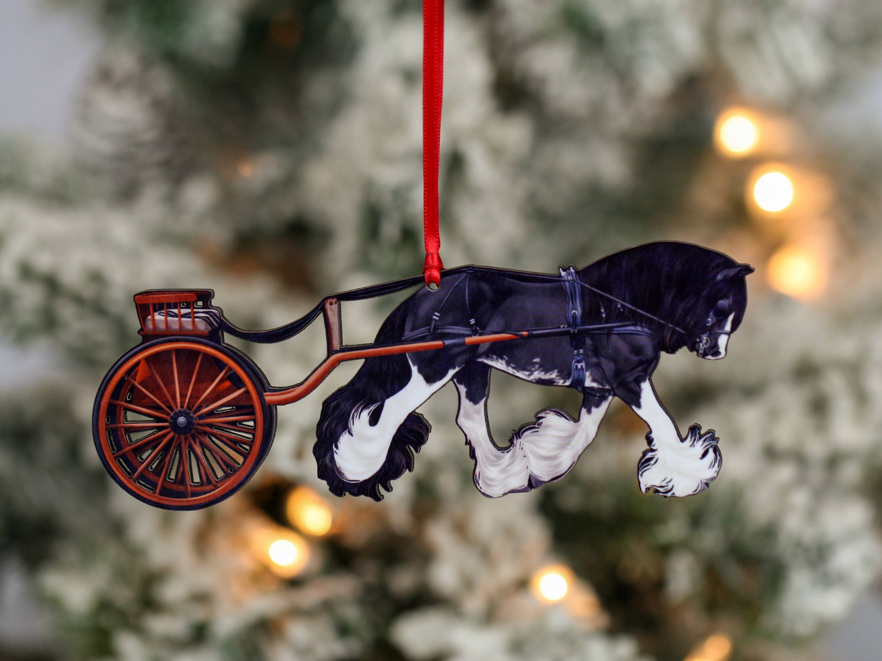 Black Blagdon Gypsy Cob Driving Horse Carriage Ornament, handmade from composite wood, featuring a glossy finish and intricate laser-cut details.