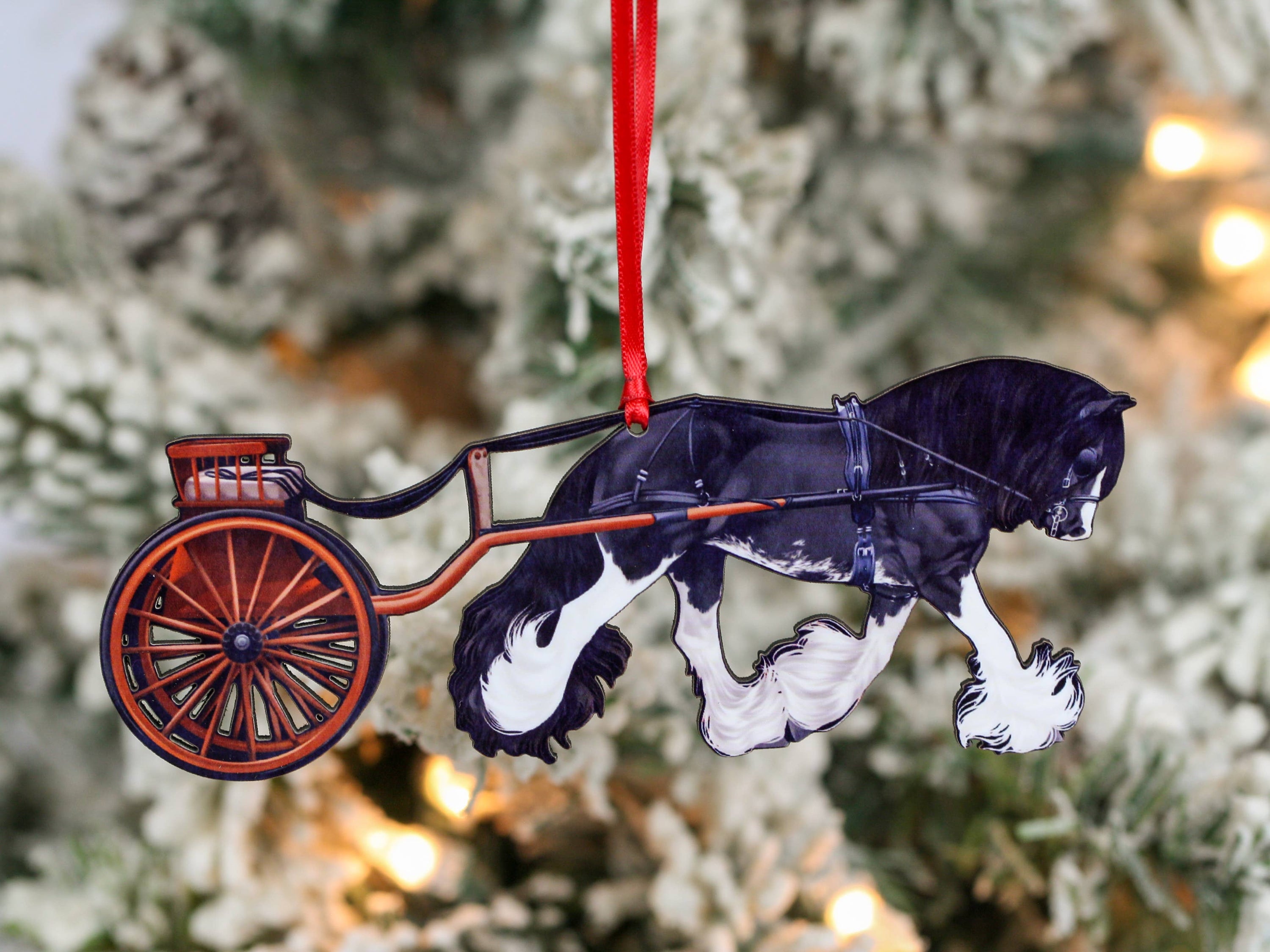Black Blagdon Gypsy Cob Driving Horse Carriage Ornament, handmade from composite wood, featuring a glossy finish and intricate laser-cut details.