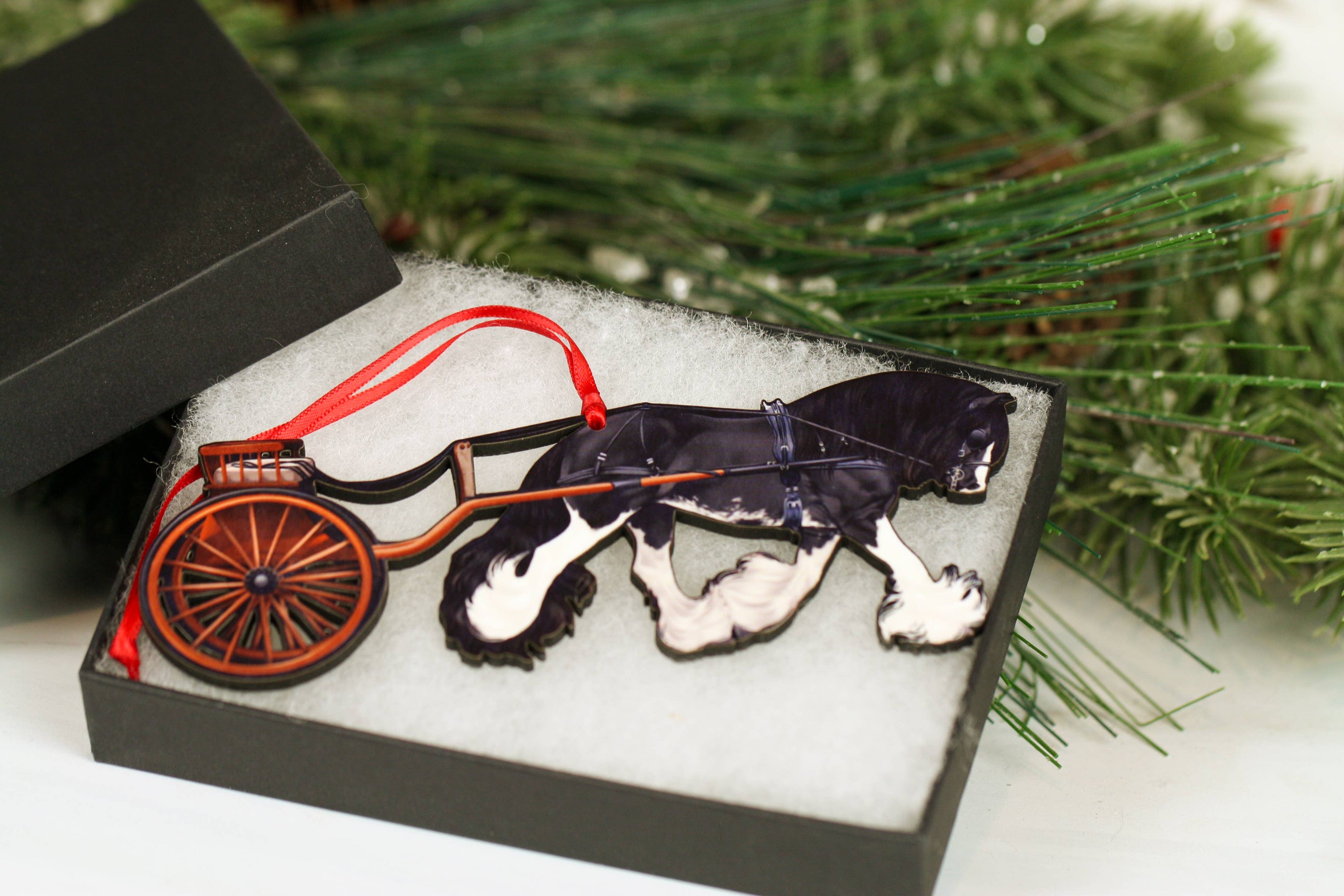 Black Blagdon Gypsy Cob Driving Horse Carriage Ornament, handmade from composite wood, featuring a glossy finish and intricate laser-cut details.