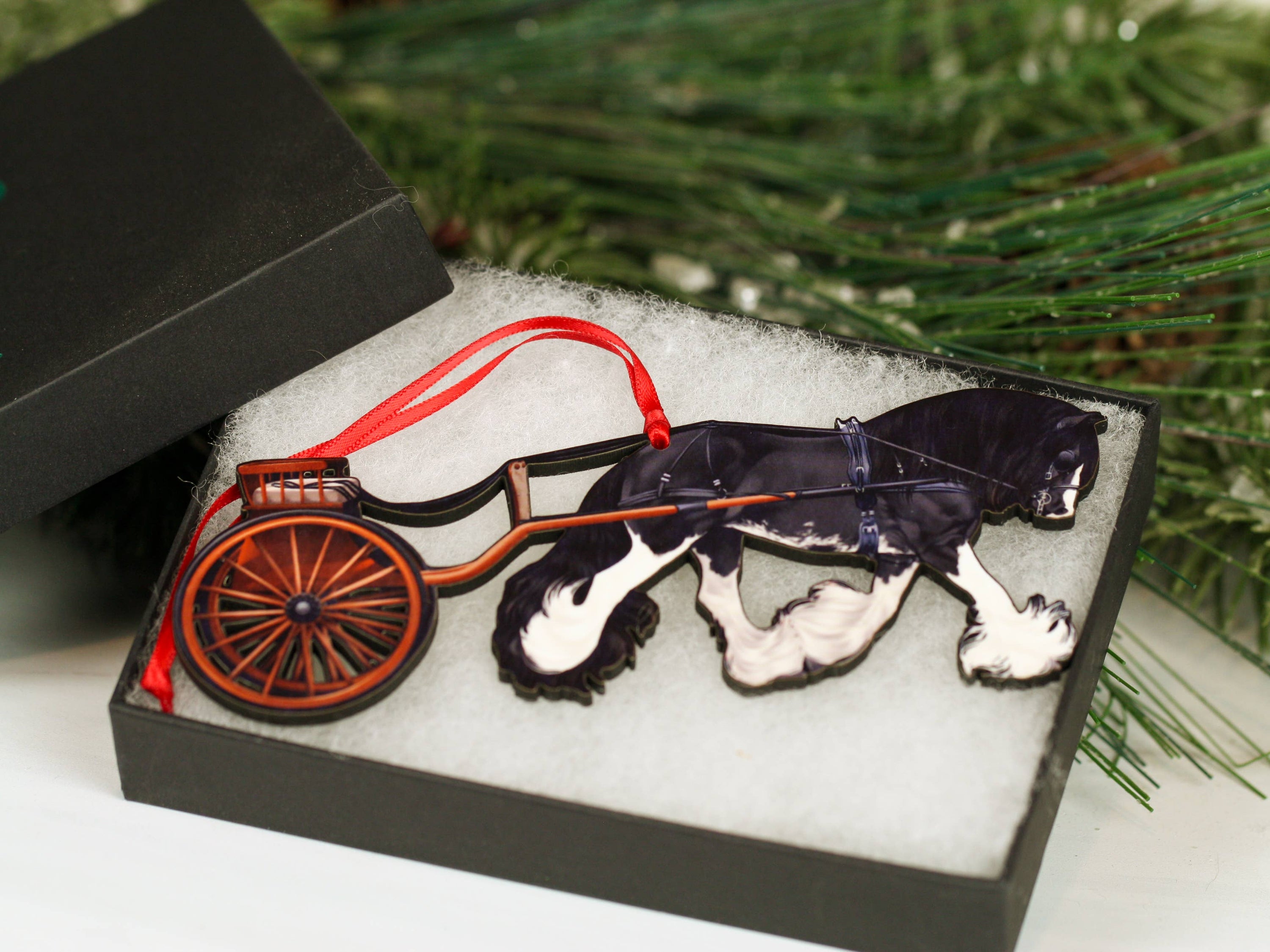 Black Blagdon Gypsy Cob Driving Horse Carriage Ornament, handmade from composite wood, featuring a glossy finish and intricate laser-cut details.