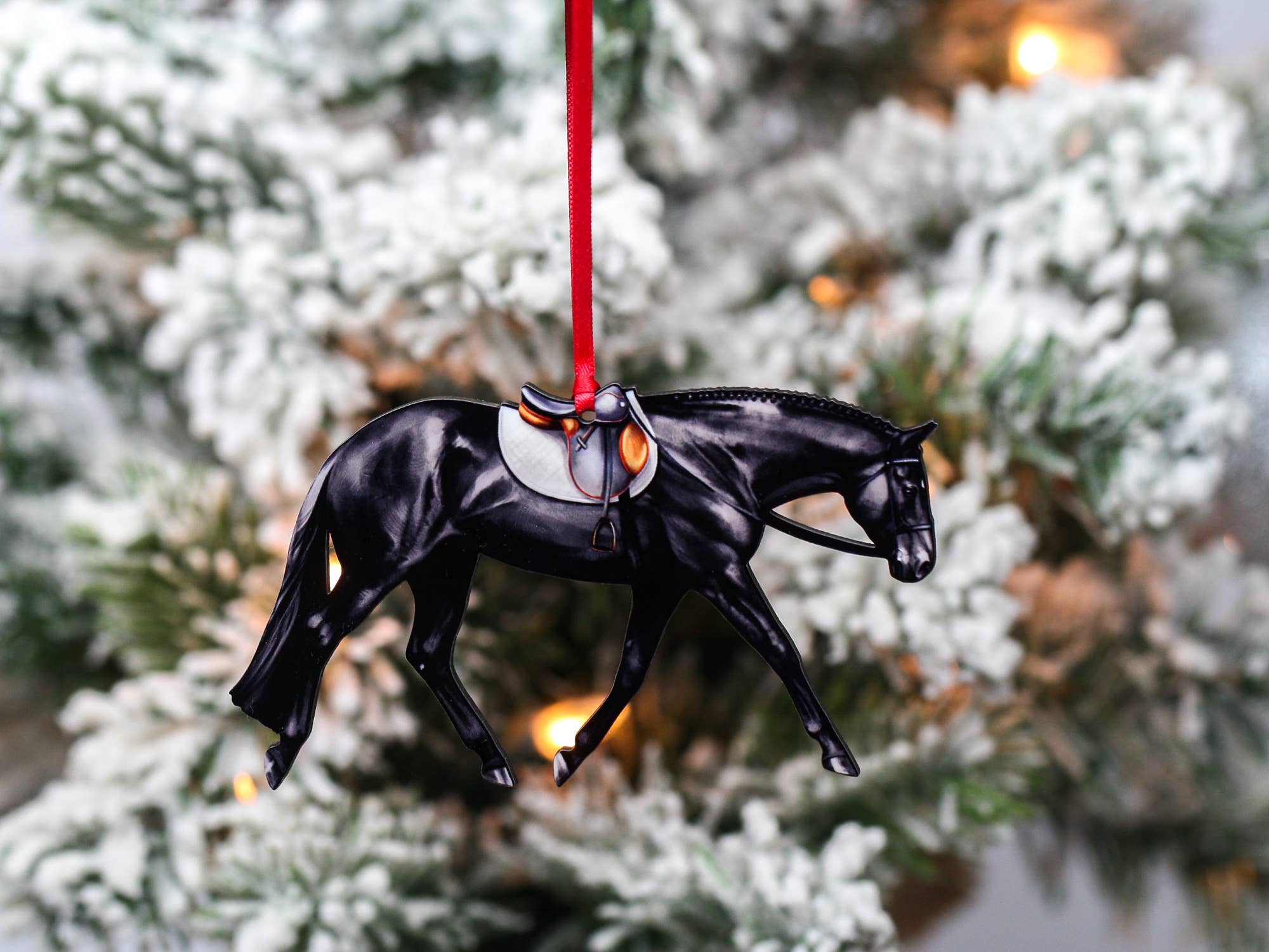Elegant Black English Pleasure Quarter Horse Ornament with English tack, handmade from composite wood, perfect for holiday decor.