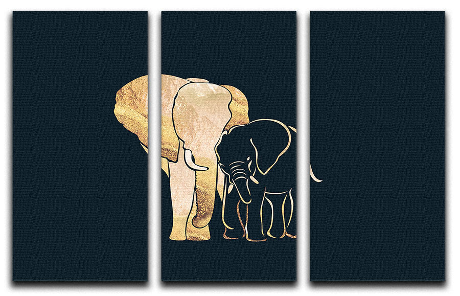 Black Gold Elephants 1 3 Split Panel Canvas Print featuring three elegant elephant designs in black and gold tones.