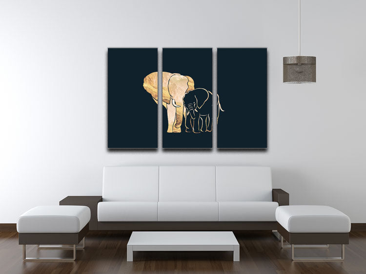 Black Gold Elephants 1 3 Split Panel Canvas Print featuring three elegant elephant designs in black and gold tones.