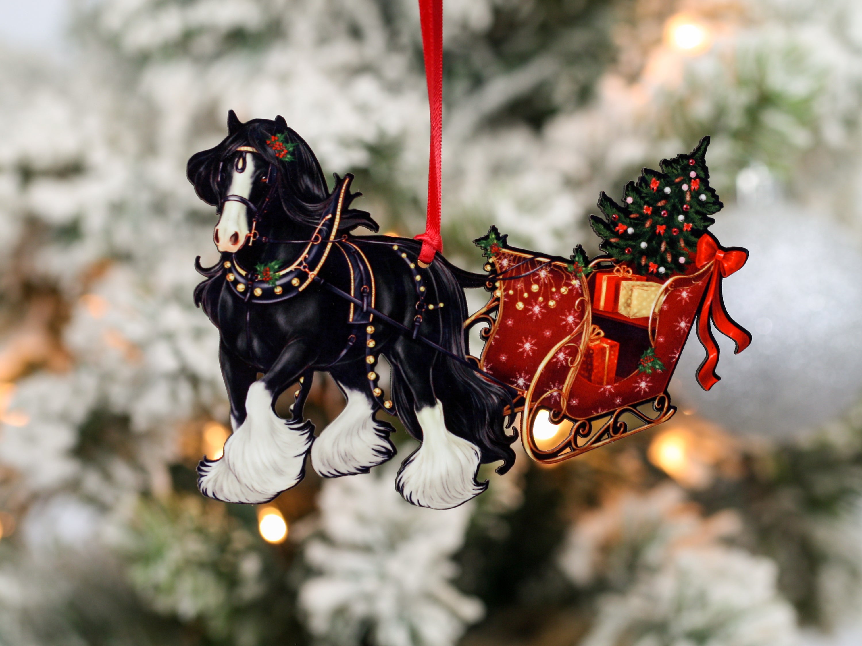 Black Gypsy Cob Horse Christmas Ornament with sleigh, handmade from composite wood, featuring a glossy front and dark brown back.