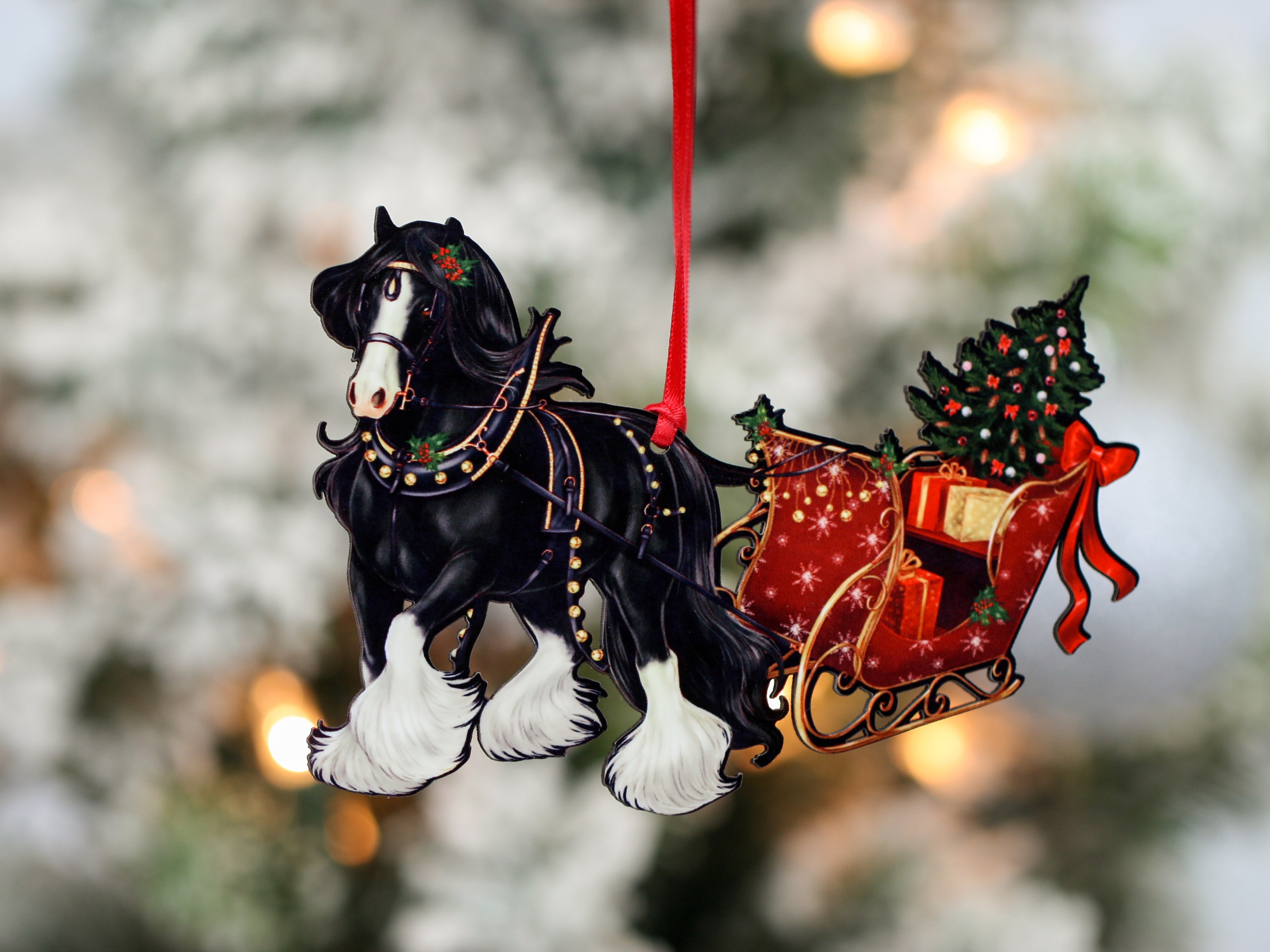 Black Gypsy Cob Horse Christmas Ornament with sleigh, handmade from composite wood, featuring a glossy front and dark brown back.