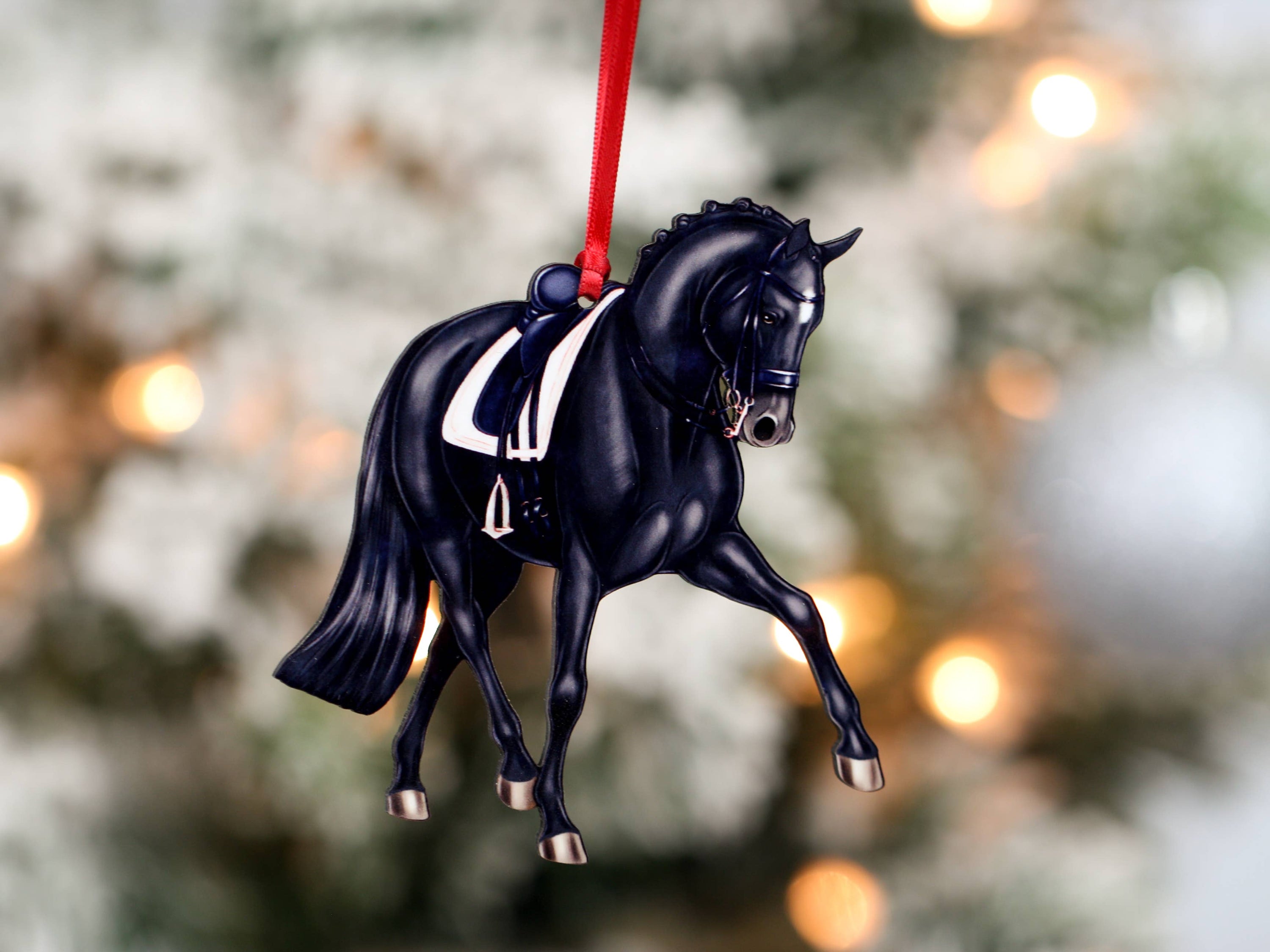 Black Half Pass Dressage Horse Christmas Ornament, handmade from composite wood with a glossy finish, perfect for holiday decor.