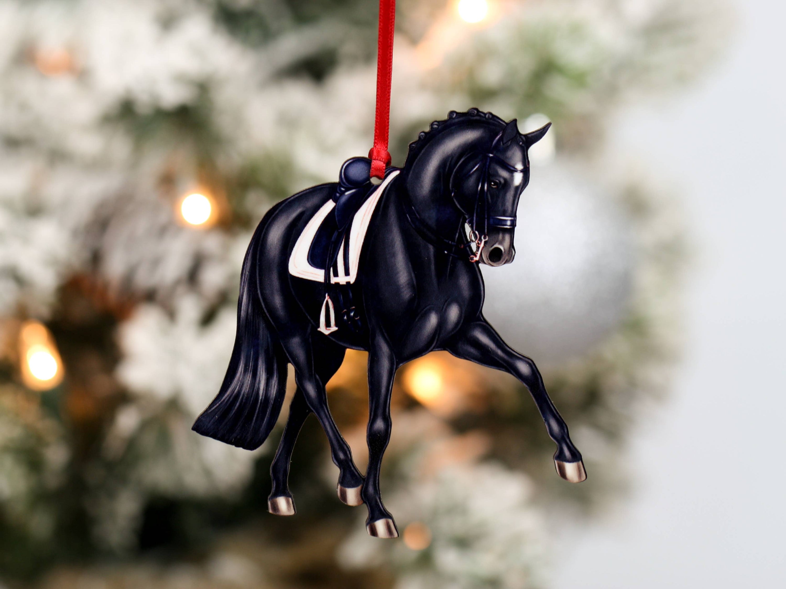 Black Half Pass Dressage Horse Christmas Ornament, handmade from composite wood with a glossy finish, perfect for holiday decor.