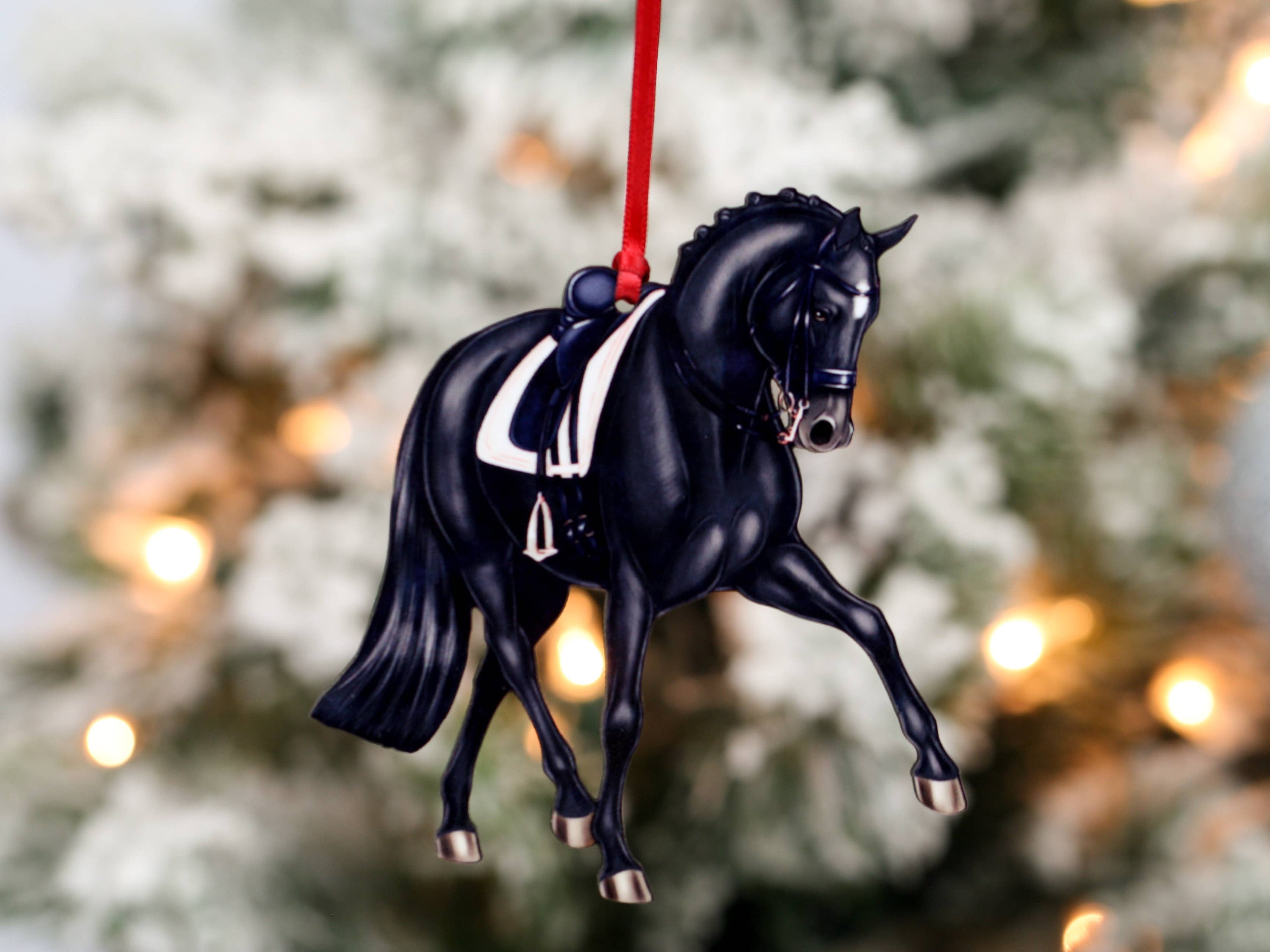 Black Half Pass Dressage Horse Christmas Ornament, handmade from composite wood with a glossy finish, perfect for holiday decor.