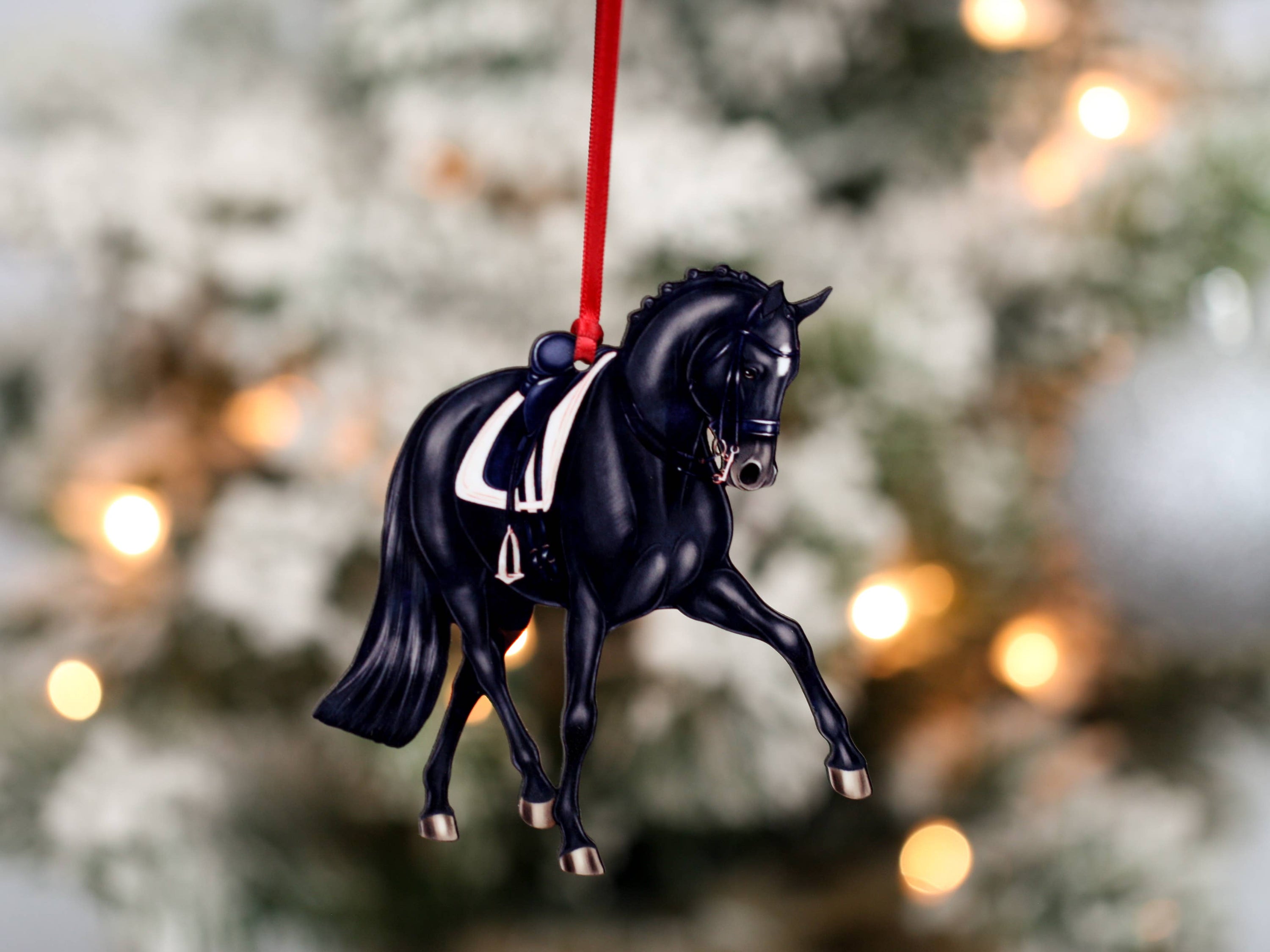 Black Half Pass Dressage Horse Christmas Ornament, handmade from composite wood with a glossy finish, perfect for holiday decor.