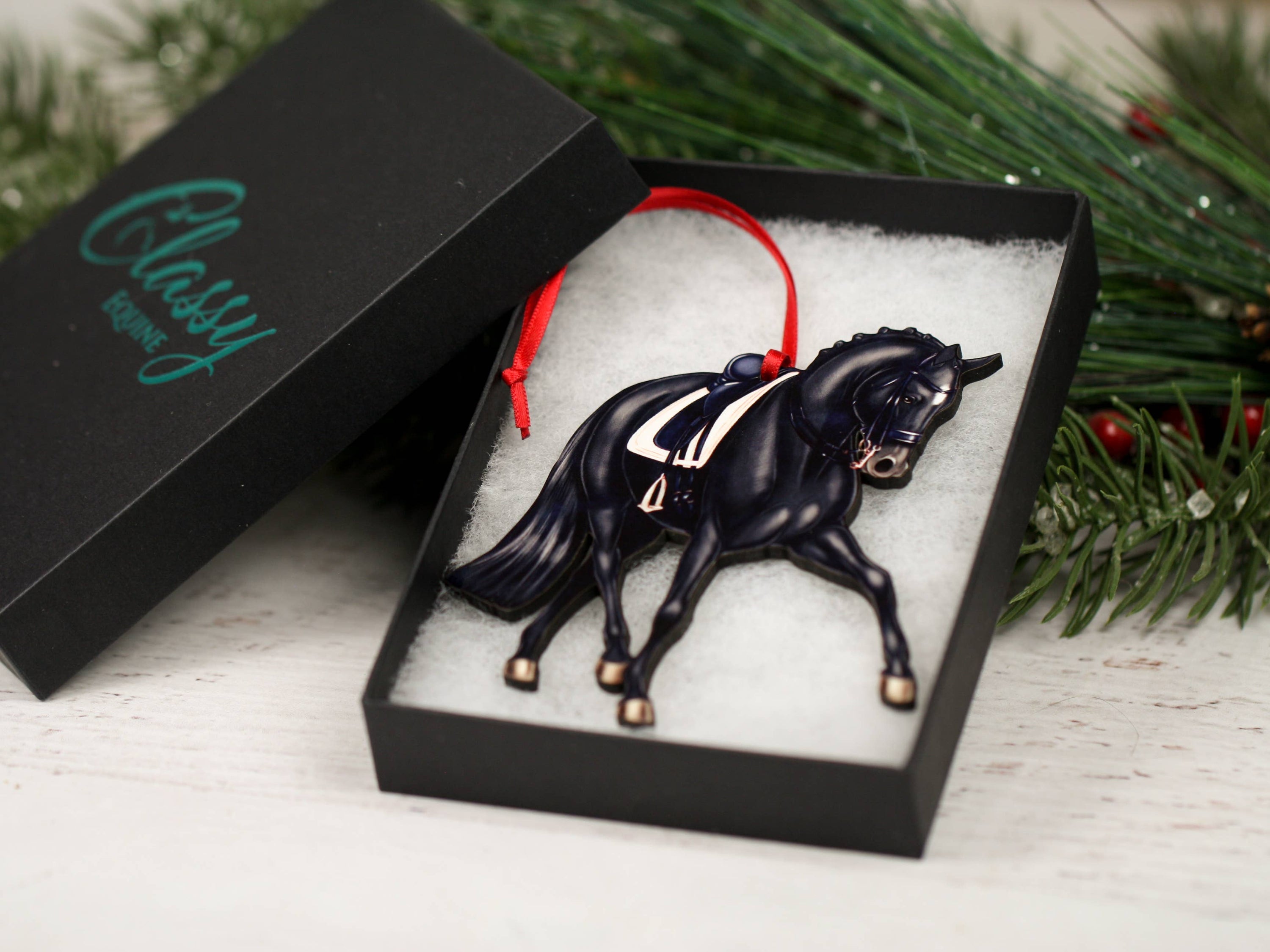 Black Half Pass Dressage Horse Christmas Ornament, handmade from composite wood with a glossy finish, perfect for holiday decor.