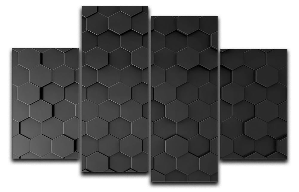 A modern black hexagon pattern displayed on a 4-split canvas, showcasing a dynamic and stylish artwork arrangement.