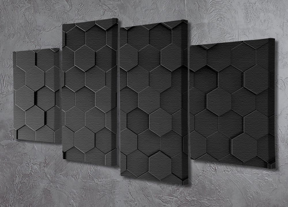 A modern black hexagon pattern displayed on a 4-split canvas, showcasing a dynamic and stylish artwork arrangement.