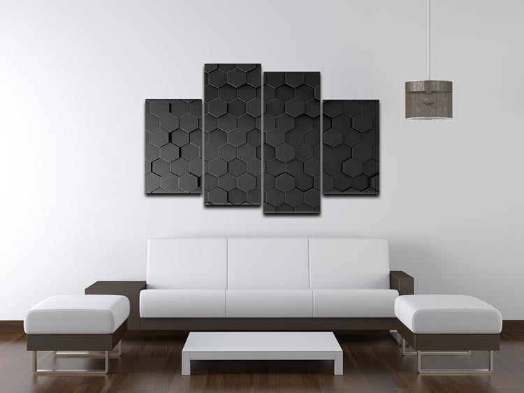 A modern black hexagon pattern displayed on a 4-split canvas, showcasing a dynamic and stylish artwork arrangement.