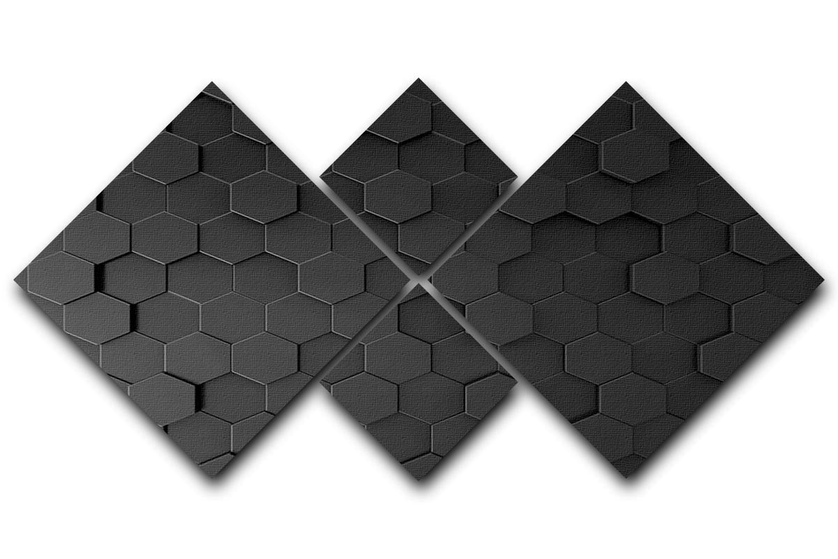 A modern black hexagon pattern displayed on a 4-square multi-panel canvas, showcasing a stylish and contemporary design.