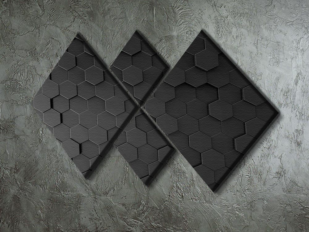 A modern black hexagon pattern displayed on a 4-square multi-panel canvas, showcasing a stylish and contemporary design.