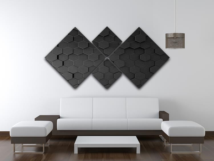 A modern black hexagon pattern displayed on a 4-square multi-panel canvas, showcasing a stylish and contemporary design.